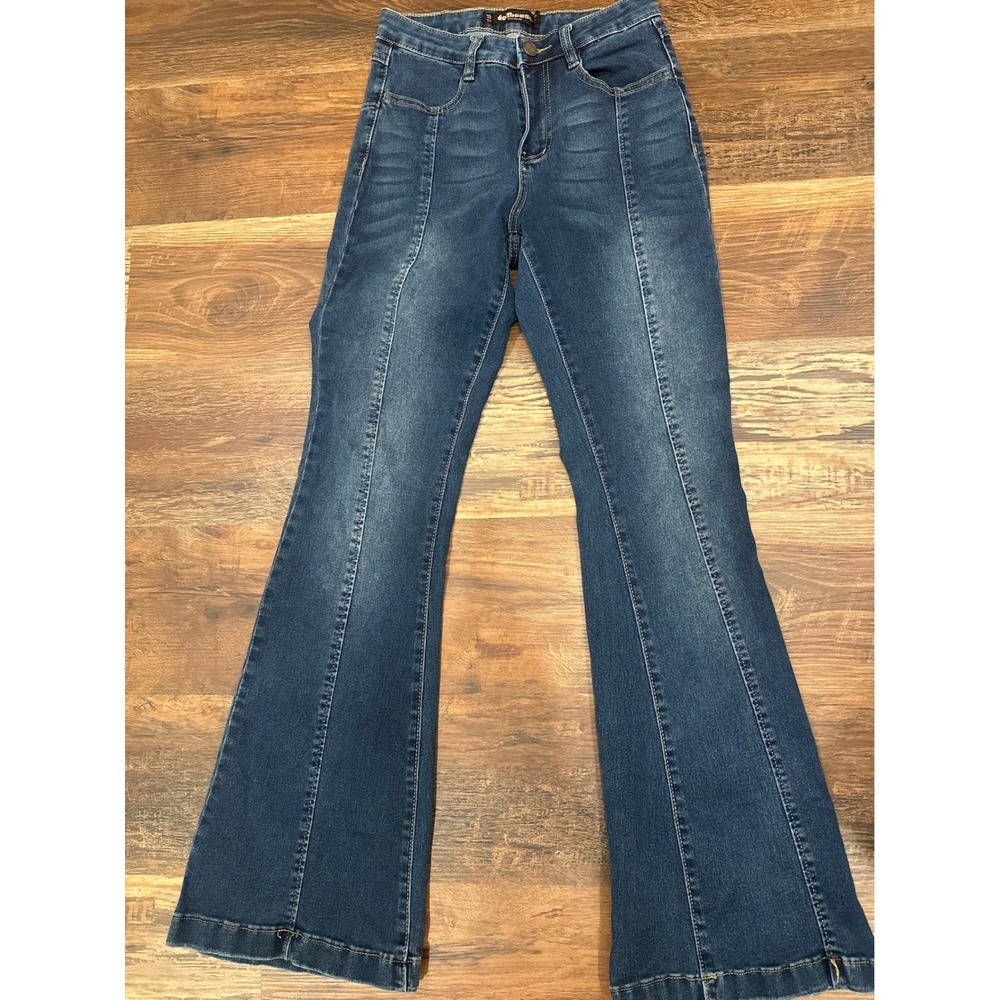 Dollhouse Womens Flare Leg Jeans Blue Front Seam High Rise GU-2176 Size 5/6